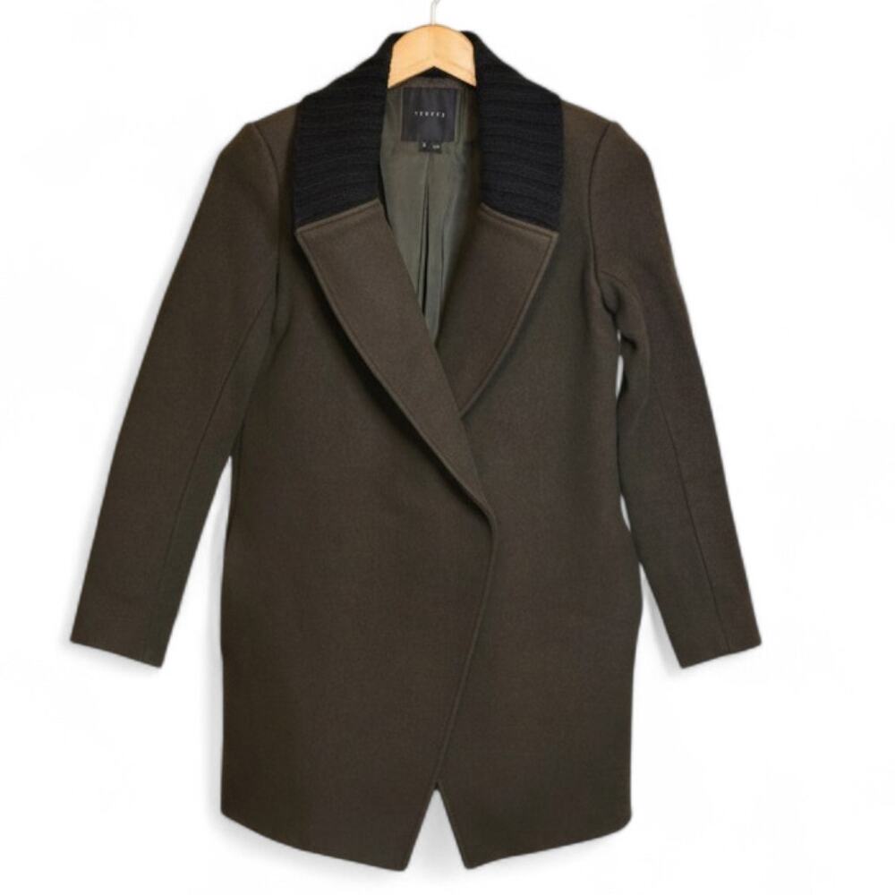 Theory Wool Cashmere Mid Length Single Breasted Green Jacket Coat Size S